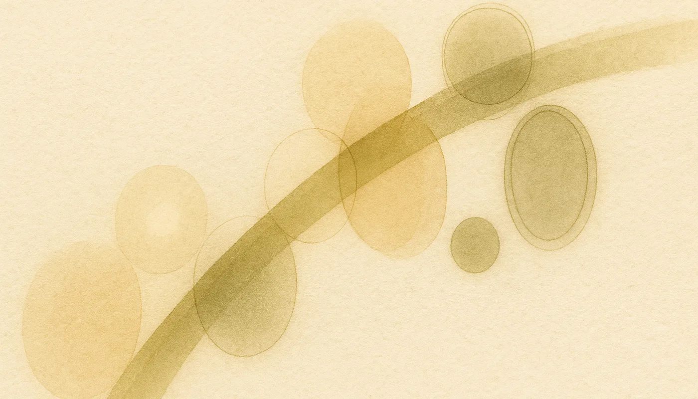 Abstract painting of a broad olive arc crossing the frame, with translucent pale gold and olive circles gathered along it on a textured cream ground.